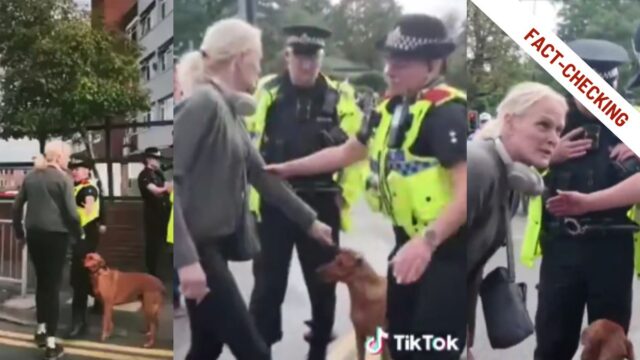 Fotogrammi del video virale che mostrerebbe una donna allontanata dalla polizia di Londra perché portava il cane a spasso nelle zone abitate dai musulmani, una storia falsa