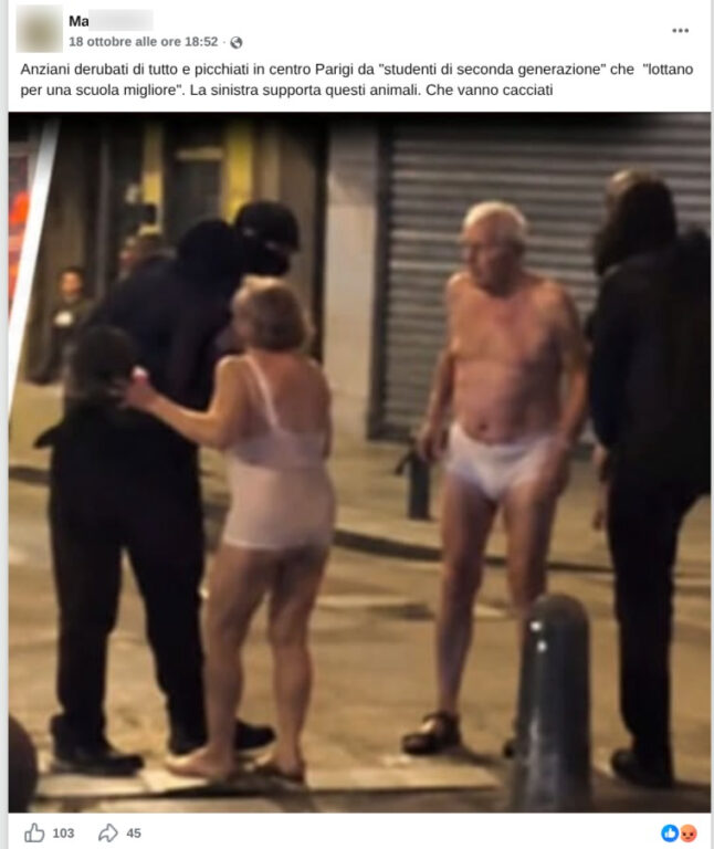 Screenshot di un post su Facebook che condivide la finta immagine degli anziani in strada a Parigi