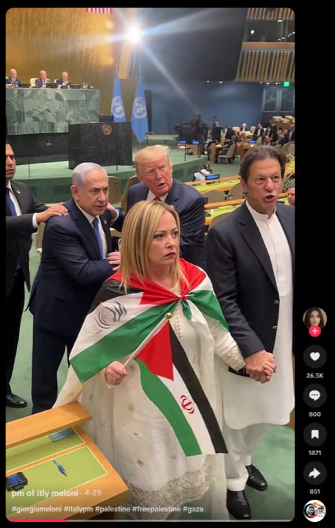Fotogramma di un video IA con Meloni in abiti mediorientali e una bandiera che fonde elementi palestinesi e iraniani