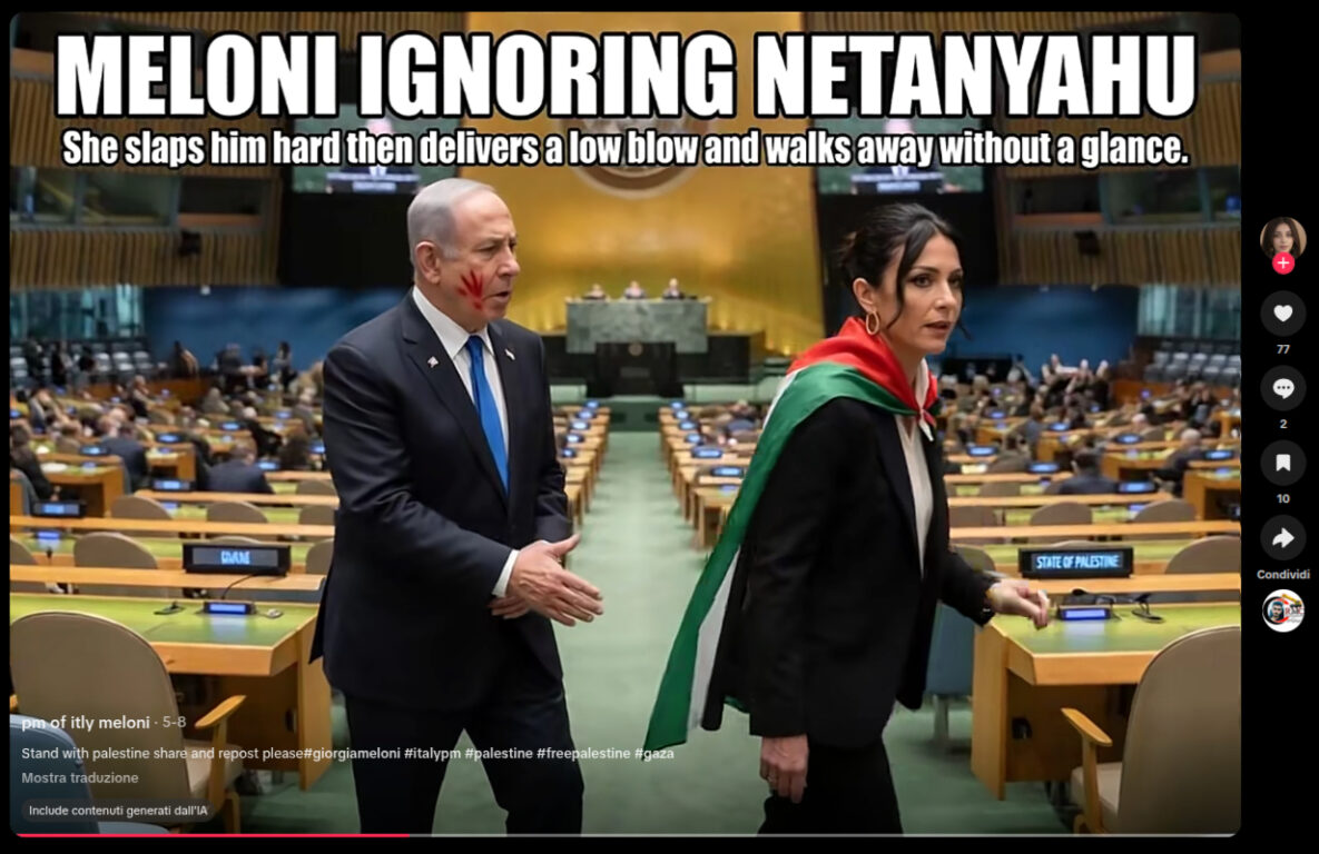 Fotogramma di un video IA in cui il volto attribuito a Meloni è irriconoscibile davanti a Netanyahu