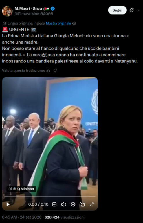 Fotogramma del video generato con l'IA in cui Giorgia Meloni attraversa una sala dell'Onu con una bandiera palestinese al collo davanti a Benjamin Netanyahu