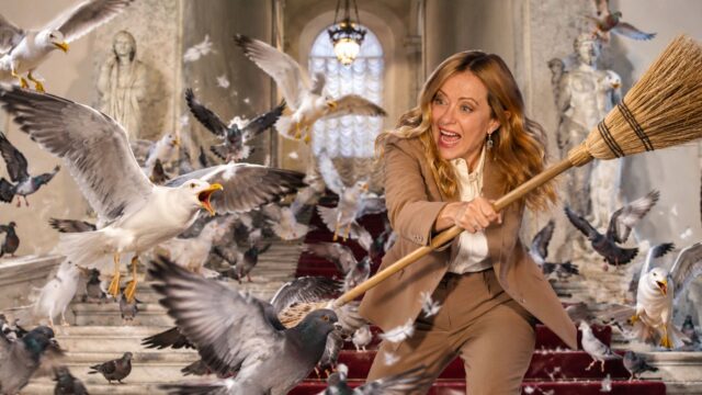 Giorgia Meloni combatte gli uccelli, immagine rielaborata con l'AI