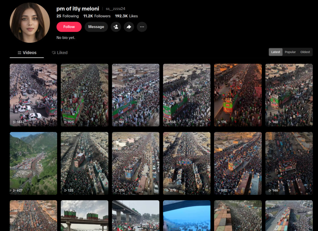 Schermata del profilo TikTok «pm of itly meloni» con il video IA di Meloni all'Onu