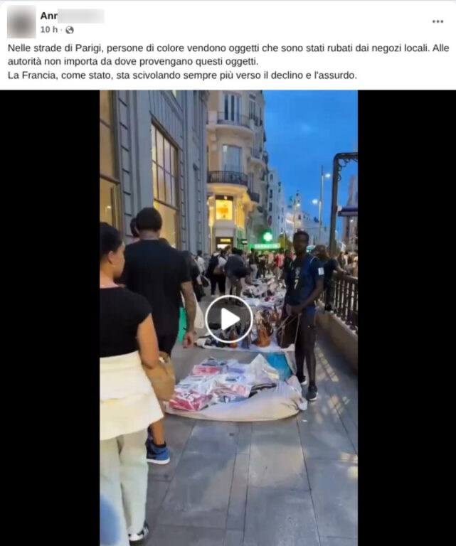 Schermata di un reel su Facebook con alcune persone che vendono articoli su un marciapiede e una didascalia sulla Francia.