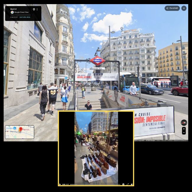 Due immagini affiancate dell’ingresso della metropolitana di Gran Vía a Madrid, una dal video e una da Google Street View.