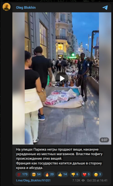 Schermata del messaggio in russo sul canale Telegram di Oleg Blokhin, con il video dei venditori.