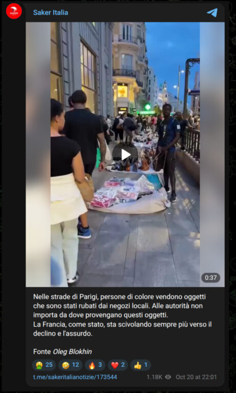 Schermata del post sul canale Telegram Saker Italia, con lo stesso video e la didascalia in italiano.