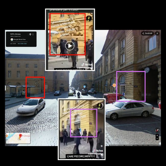 Confronto tra un fermo immagine del video e la piazza d’Armes di Metz, in Francia, dove è stata girata la scena.