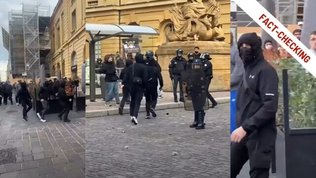 Tre fotogrammi del video. A sinistra un gruppo di persone vestite di nero e con il cappuccio corre su una strada acciottolata. Al centro altre persone incappucciate passano accanto ad agenti in tenuta antisommossa con casco e scudo. A destra un primo piano di una persona con il volto coperto da cappuccio e mascherina. In alto a destra c’è la fascia «Fact-checking».