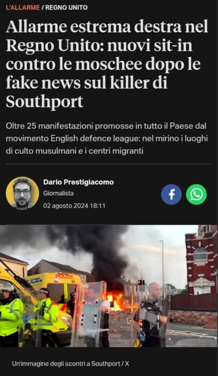 Immagine di Today.it con un mezzo in fiamme e agenti con scudi antisommossa davanti a un edificio in mattoni rossi
