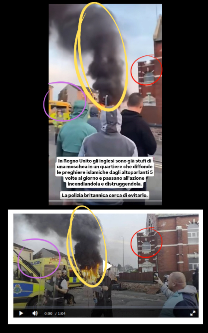 Confronto tra un fotogramma del video e l’immagine PA del Times & Star con lo stesso edificio, semaforo e furgone della polizia