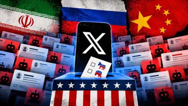 Illustrazione con le bandiere di Iran, Russia e Cina, il logo di X su uno smartphone e un’urna elettorale statunitense circondata da profili social e icone di robot